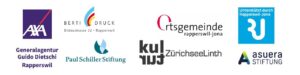 Logos der unterstützenden Organisationen des Projekts: AXA Generalagentur Rapperswil, Ortsgemeinde Rapperswil-Jona, Kultur Zürichsee Linth, Asuera Stiftung, Fourfold Stiftung, Berti Druck Rapperswil